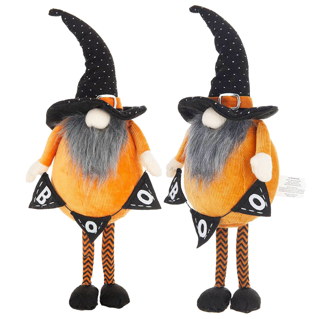Two orange standing Halloween gnomes with gray beards, black spotted witch hats and triangular BOO banners.