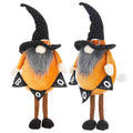 Two orange standing Halloween gnomes with gray beards, black spotted witch hats and triangular BOO banners.
