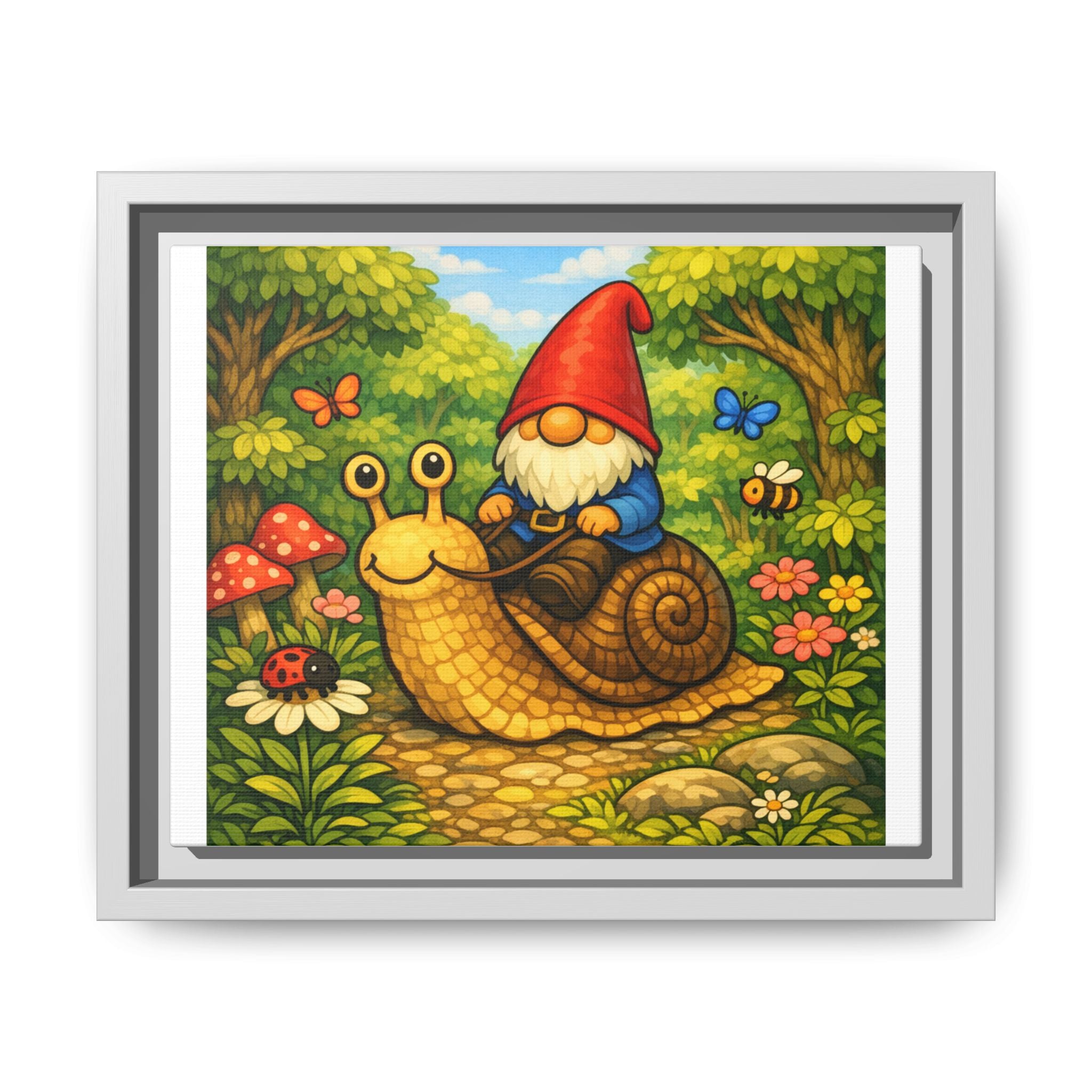 Whimsical Gnome Riding Snail Framed Canvas Print
