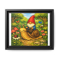 Whimsical Gnome Riding Snail Framed Canvas Print