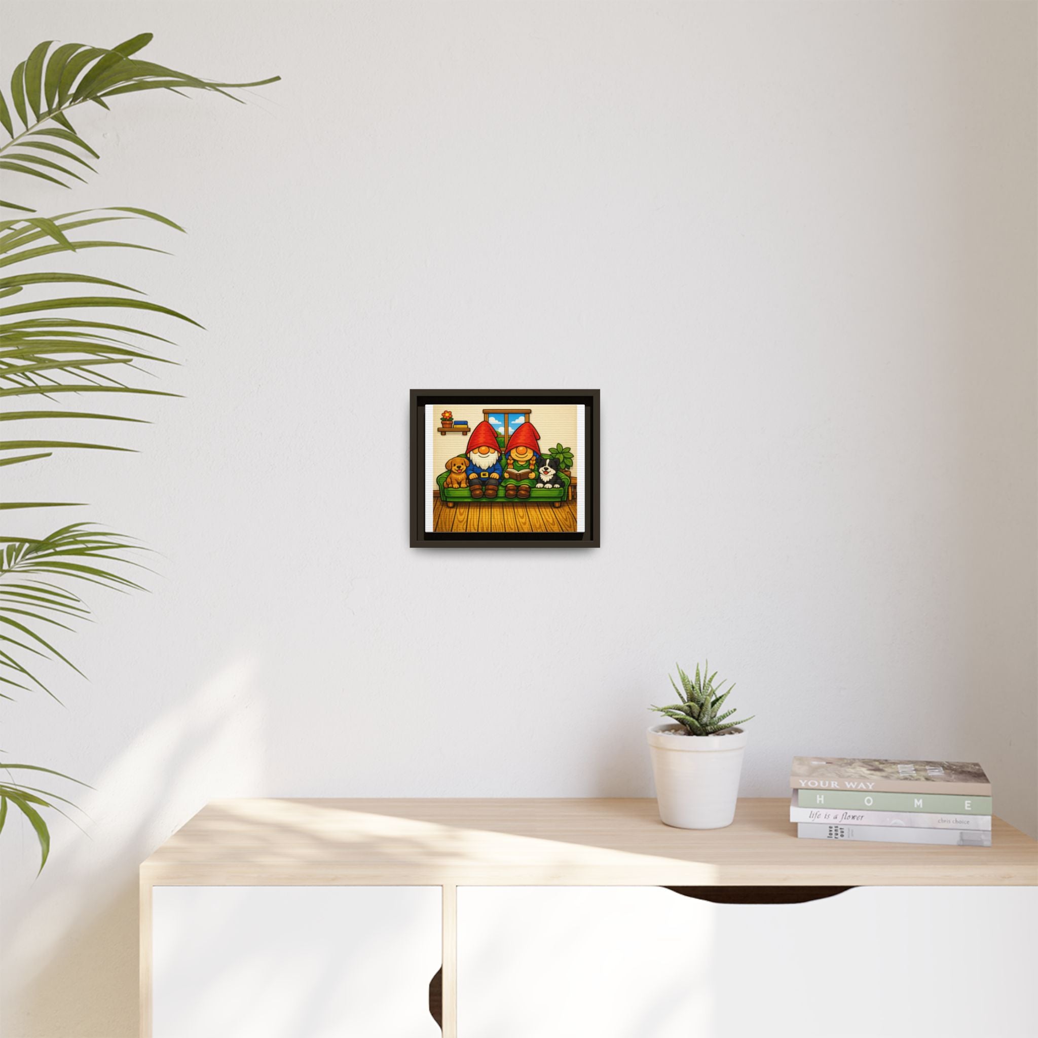 Gnome Family and Puppies Matte Canvas Print — Framed Wall Art with Dogs
