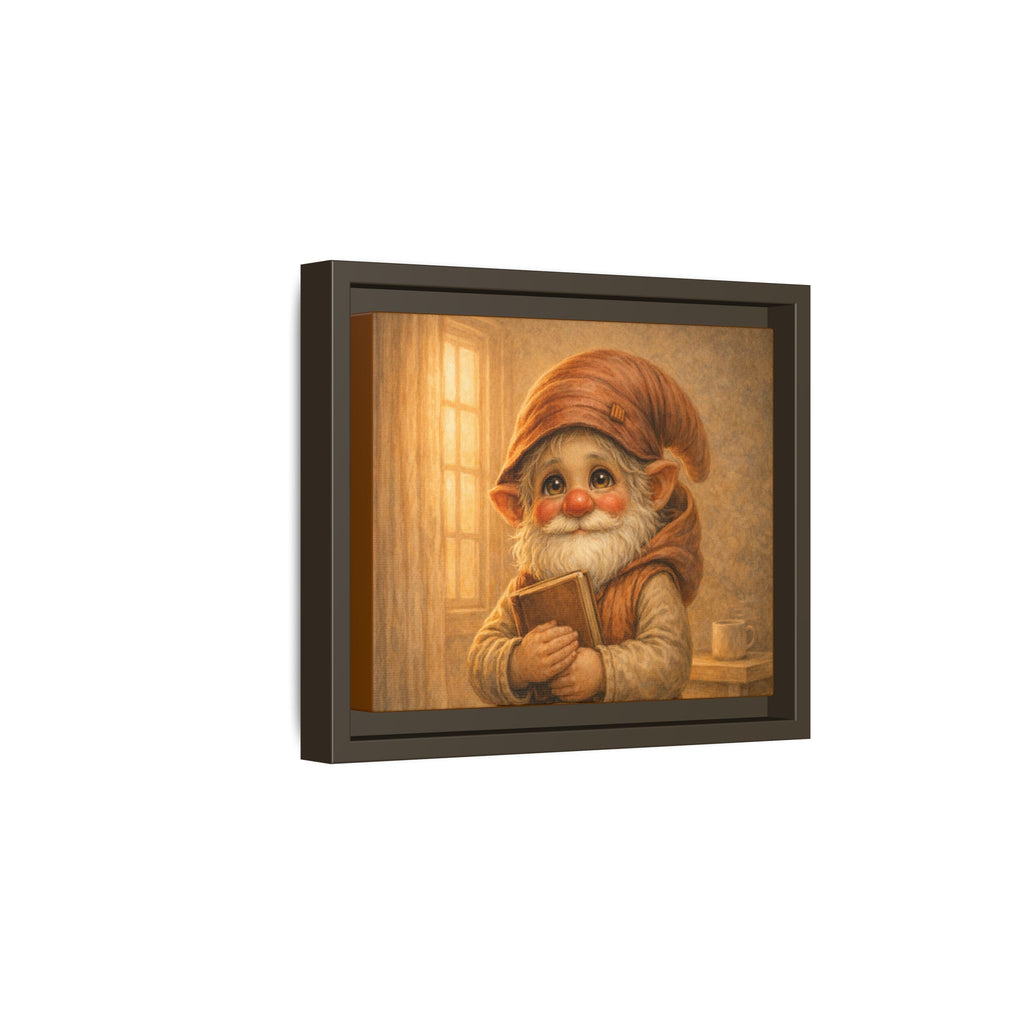 Framed Matte Canvas — Bright Eyes Whimsical Gnome Holding Book Wall Art
