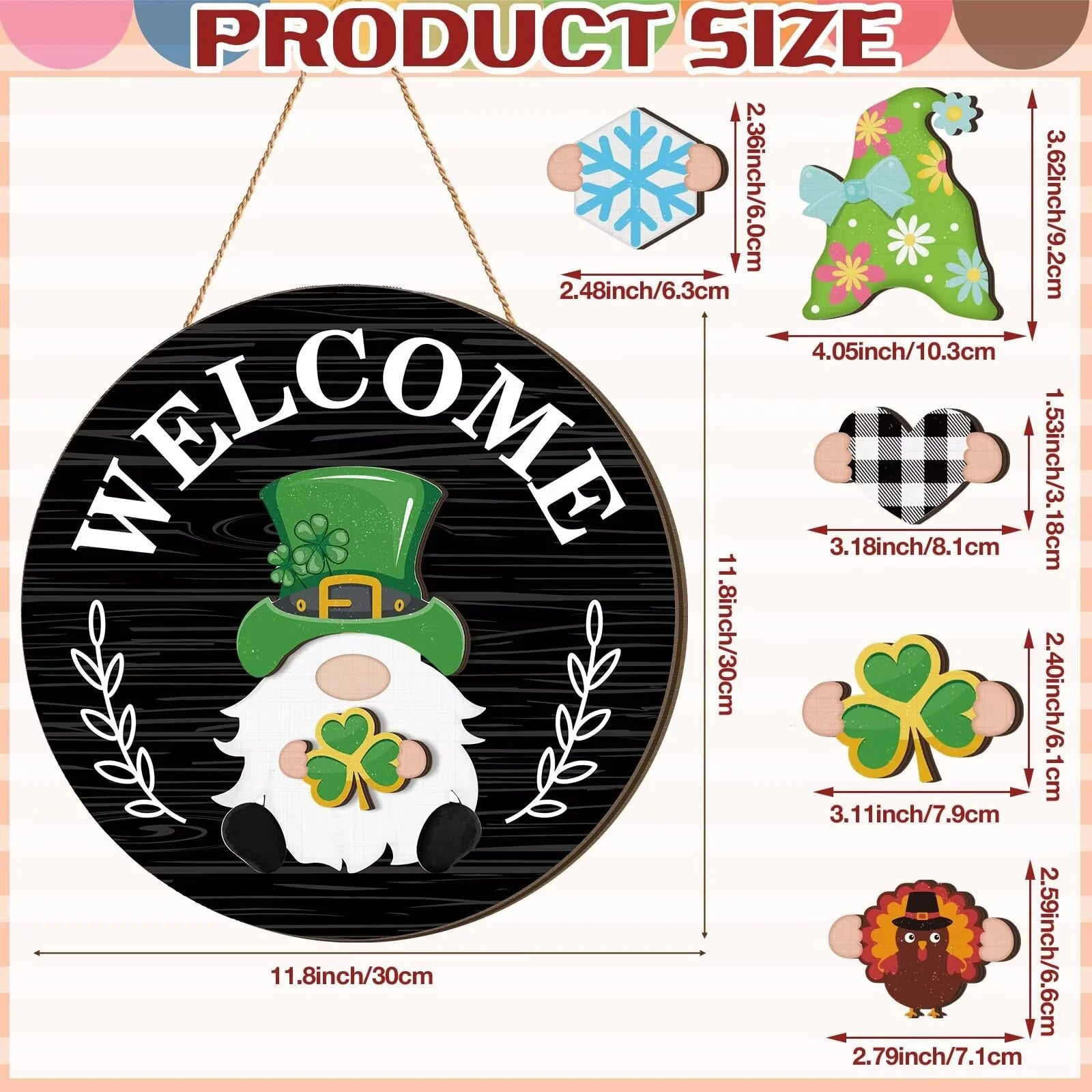 Interchangeable Wooden Gnome Decor Holiday Seasonal Gnome Decorations with Magnet Pieces and Detachable Hats Changeable Welcome Sign for Home