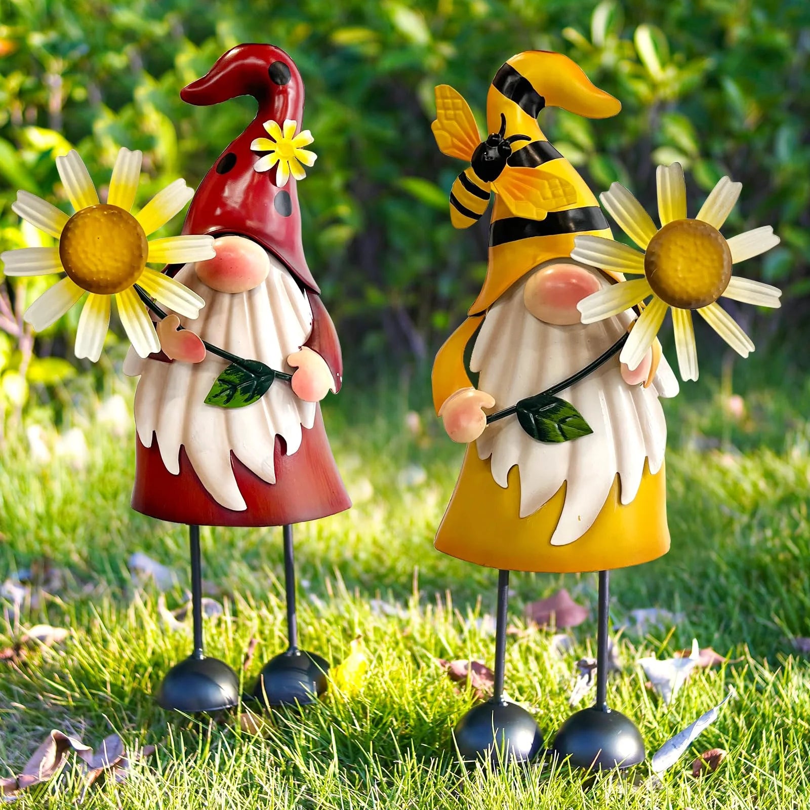 Metal Gnome Yard Art - Bee and Ladybug Sculptures - Outdoor Garden Decorations (2 Count)
