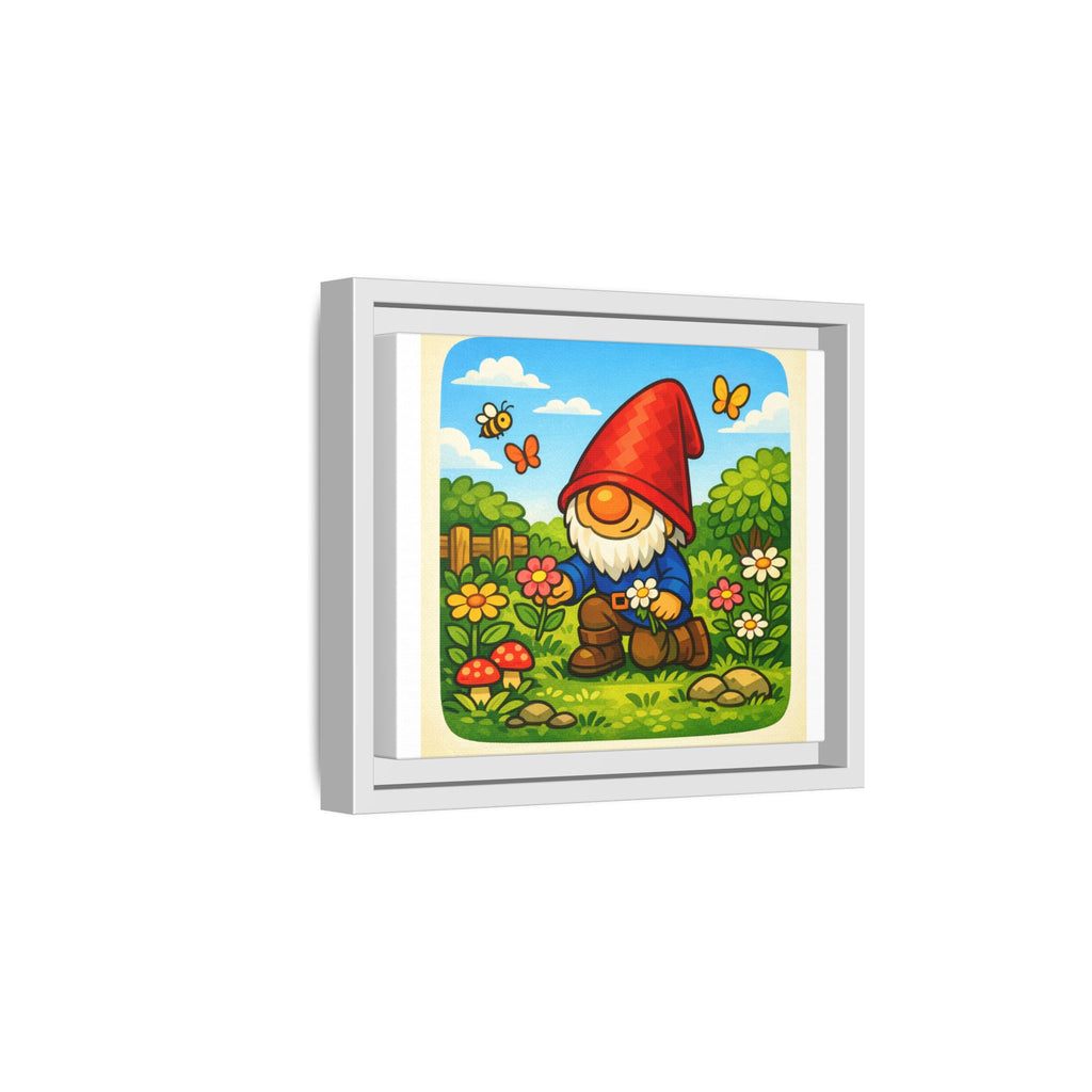 Framed Gnome Boy Garden picking Flowers Matte Canvas Print — Whimsical Woodland Wall Art