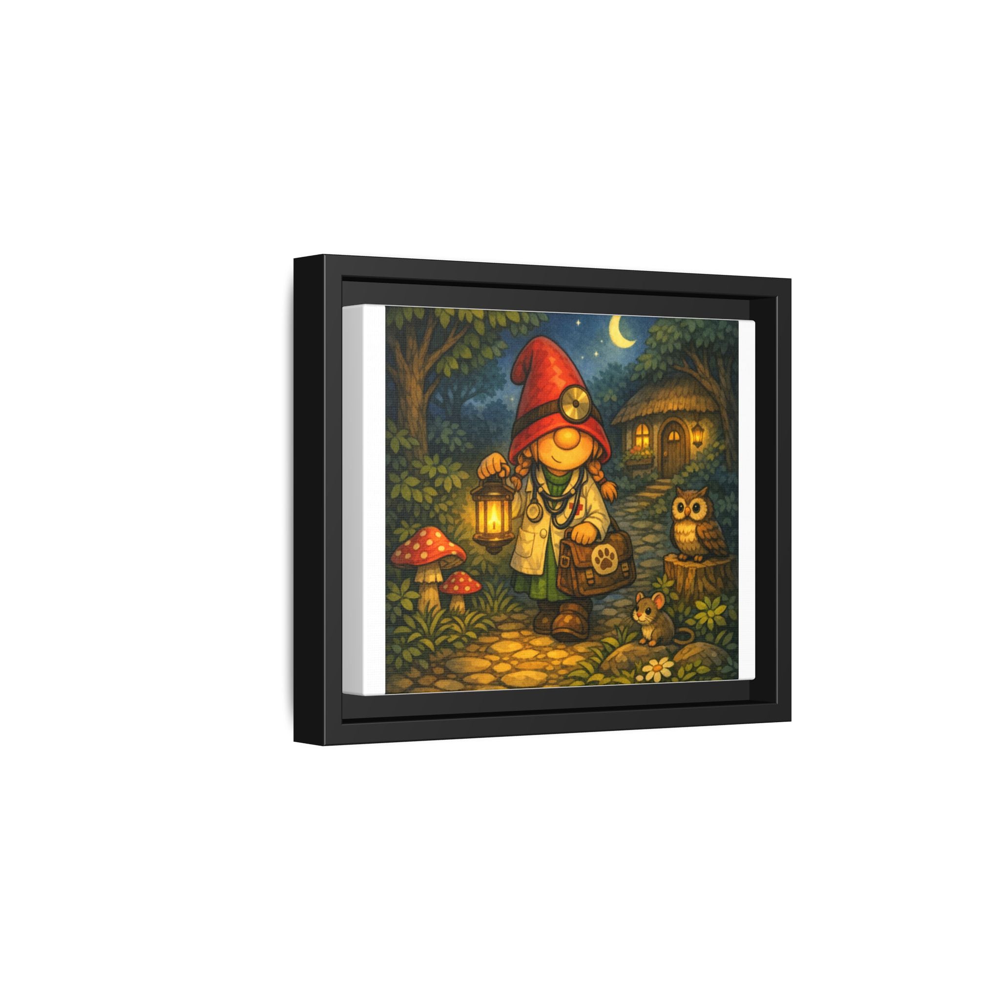 Framed Canvas Art - Whimsical Gnome Girl Vet Lantern Night Scene