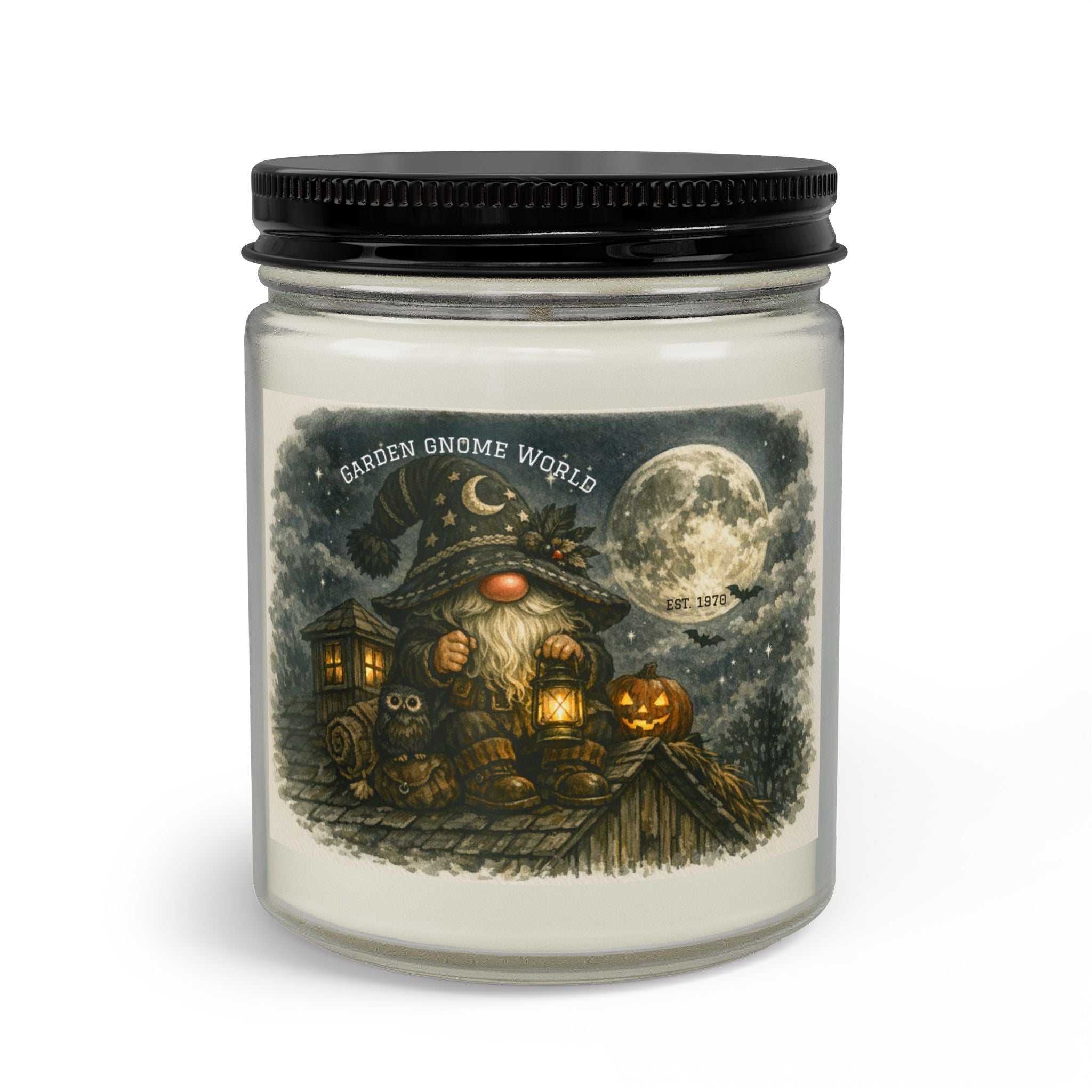 Garden Gnome Candle Set with Matches & Wick Trimmer — Halloween Moonlight Scented Jar