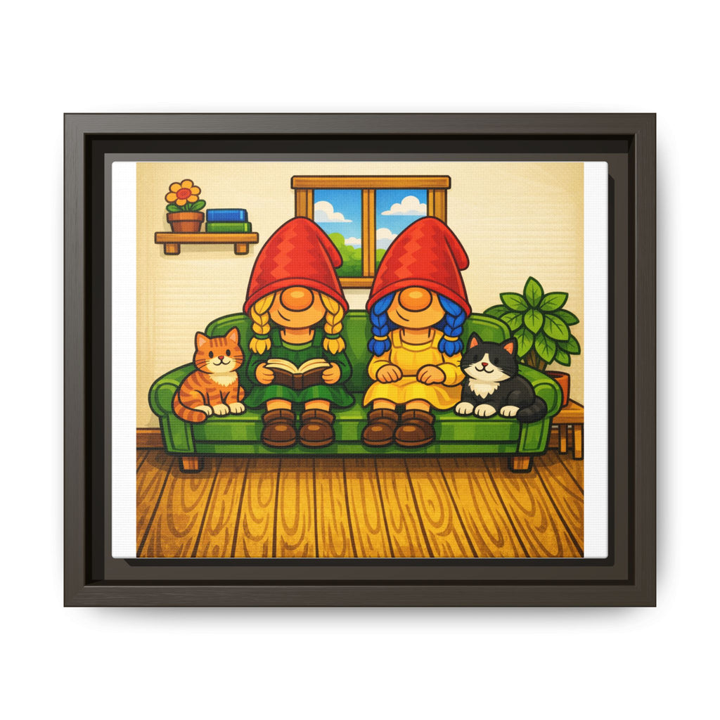 Gnome Girls on Sofa with Cats— Framed Matte Canvas Wall Art