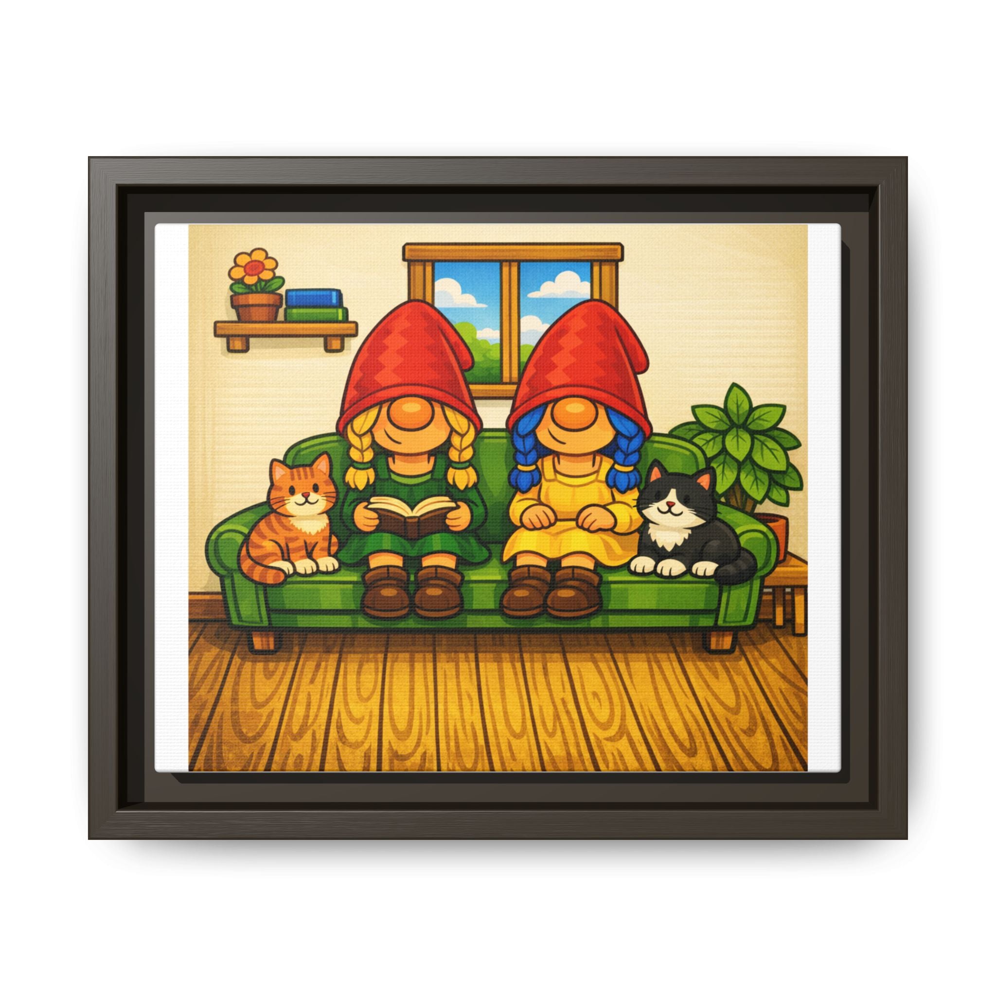Gnome Girls on Sofa with Cats— Framed Matte Canvas Wall Art