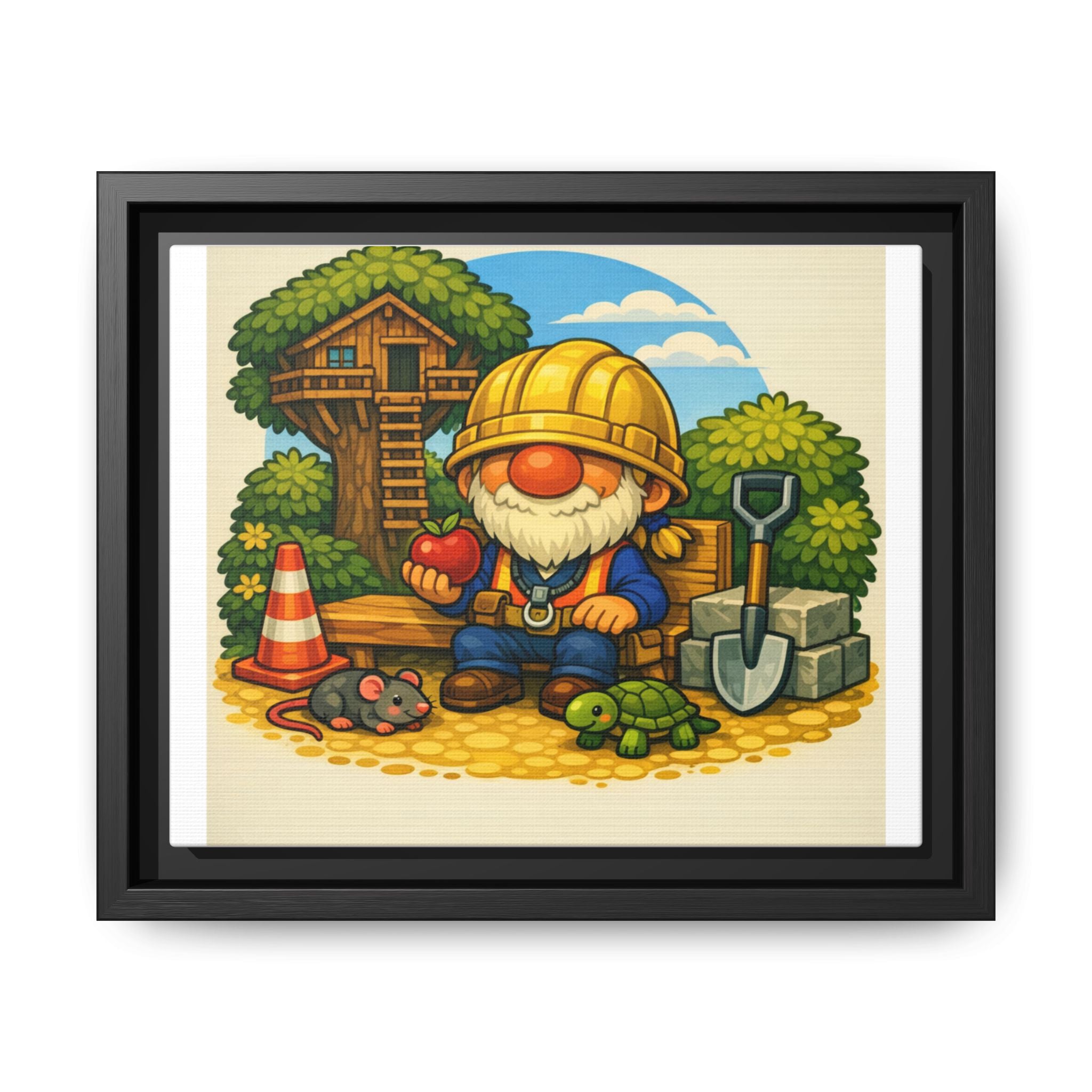 Construction Gnome Boy Matte Framed Canvas Art — Cute Garden Worker Wall Decor