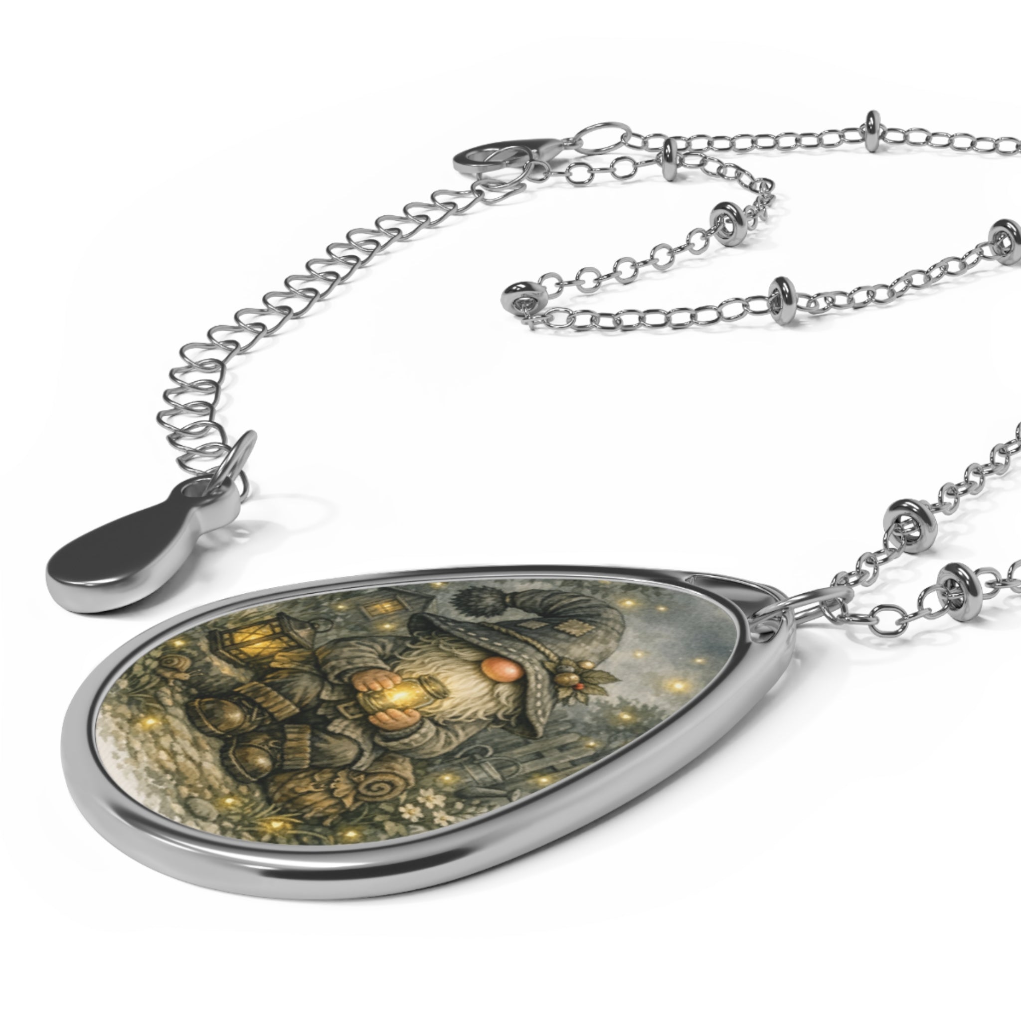 Gnome Lantern Oval Necklace — Whimsical Fairy Tale Pendant