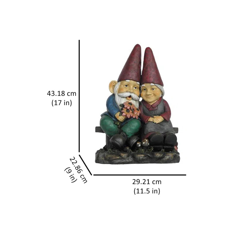Gnome Old Couple on Bench Statue