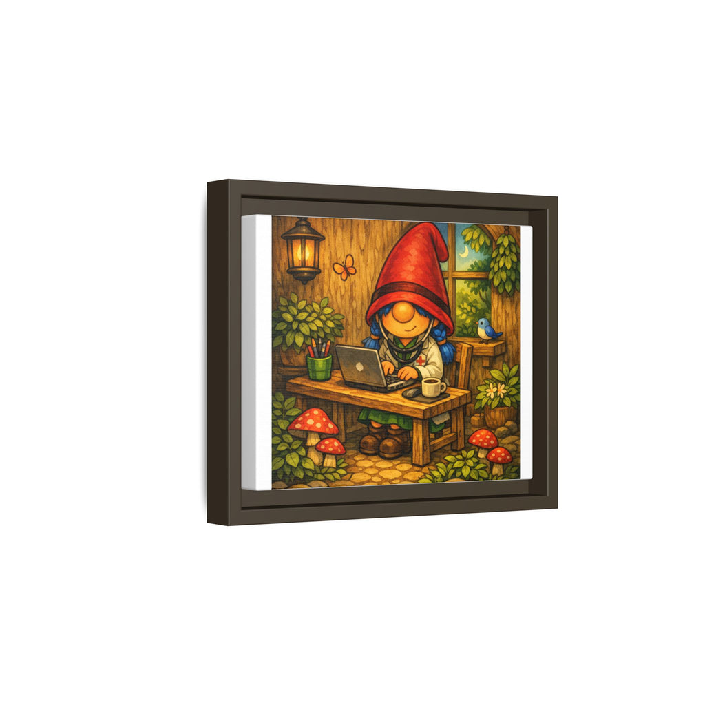 Gnome Girl Doctor at Work Framed Matte Canvas — Cozy Woodland Office Art Print