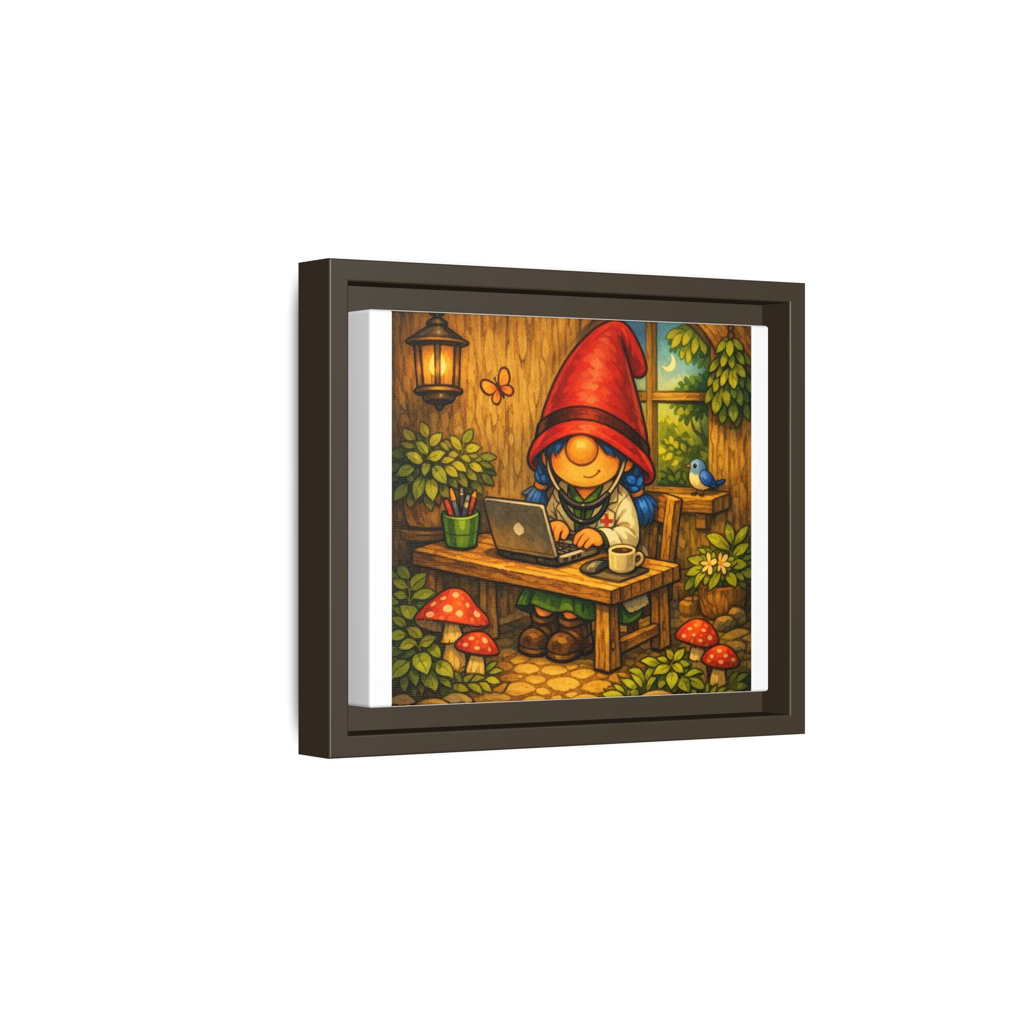 Gnome Girl Doctor at Work Framed Matte Canvas — Cozy Woodland Office Art Print