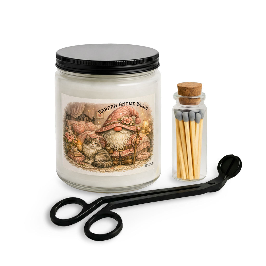 Gnome Garden Candle Set with Matches & Wick Trimmer — Cozy Floral Jar Candle Gift