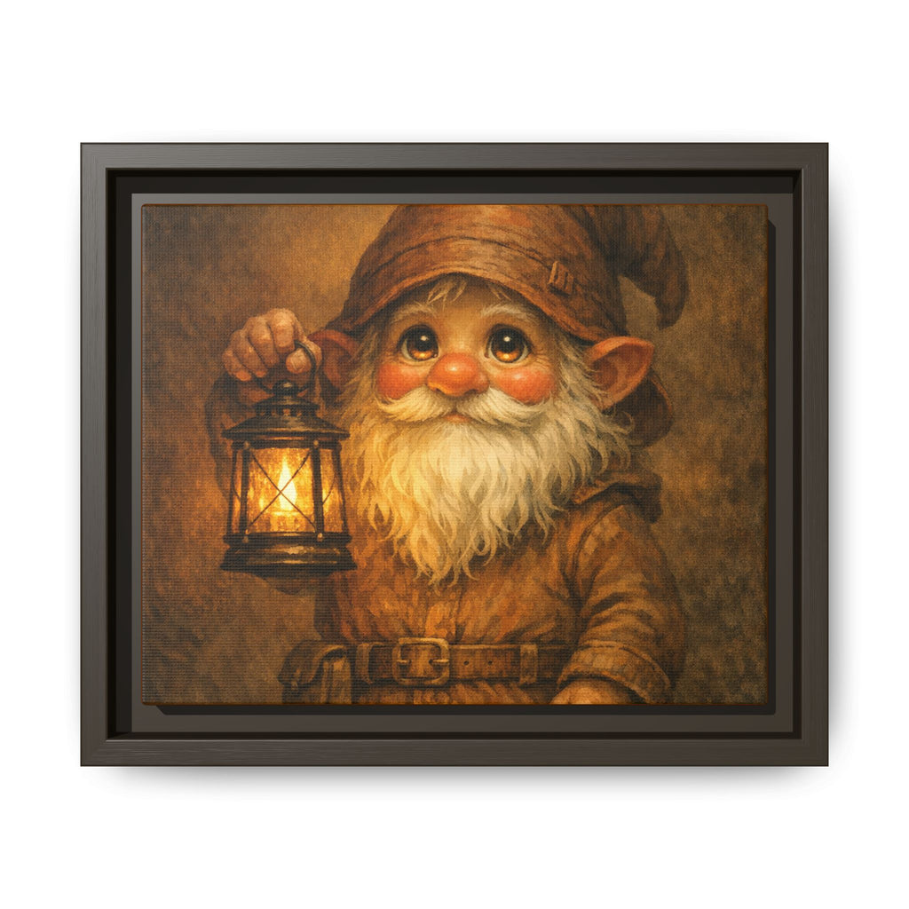 Bright eyes Gnome Lantern Framed Canvas Art — Whimsical Cozy Nursery Wall Decor