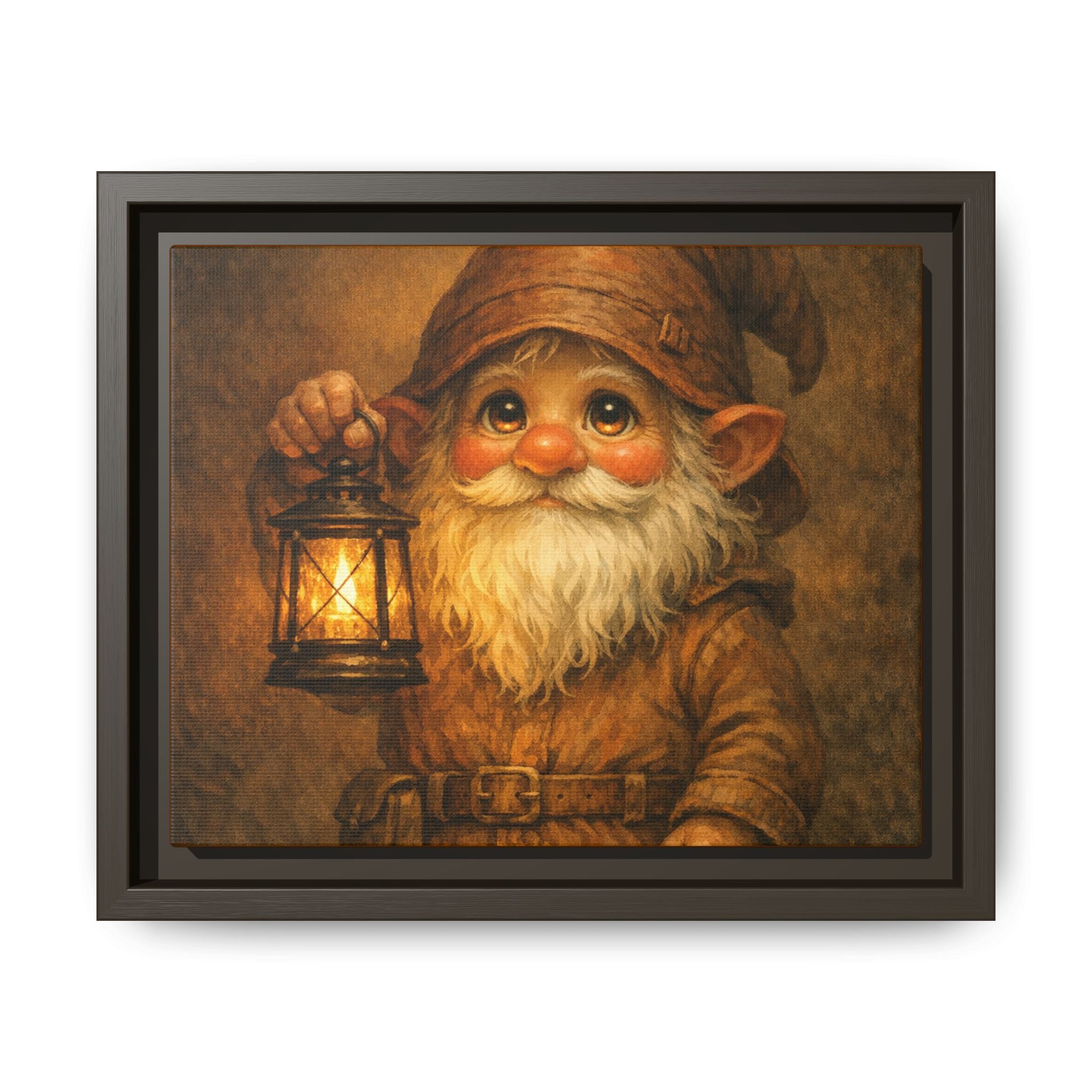 Bright eyes Gnome Lantern Framed Canvas Art — Whimsical Cozy Nursery Wall Decor
