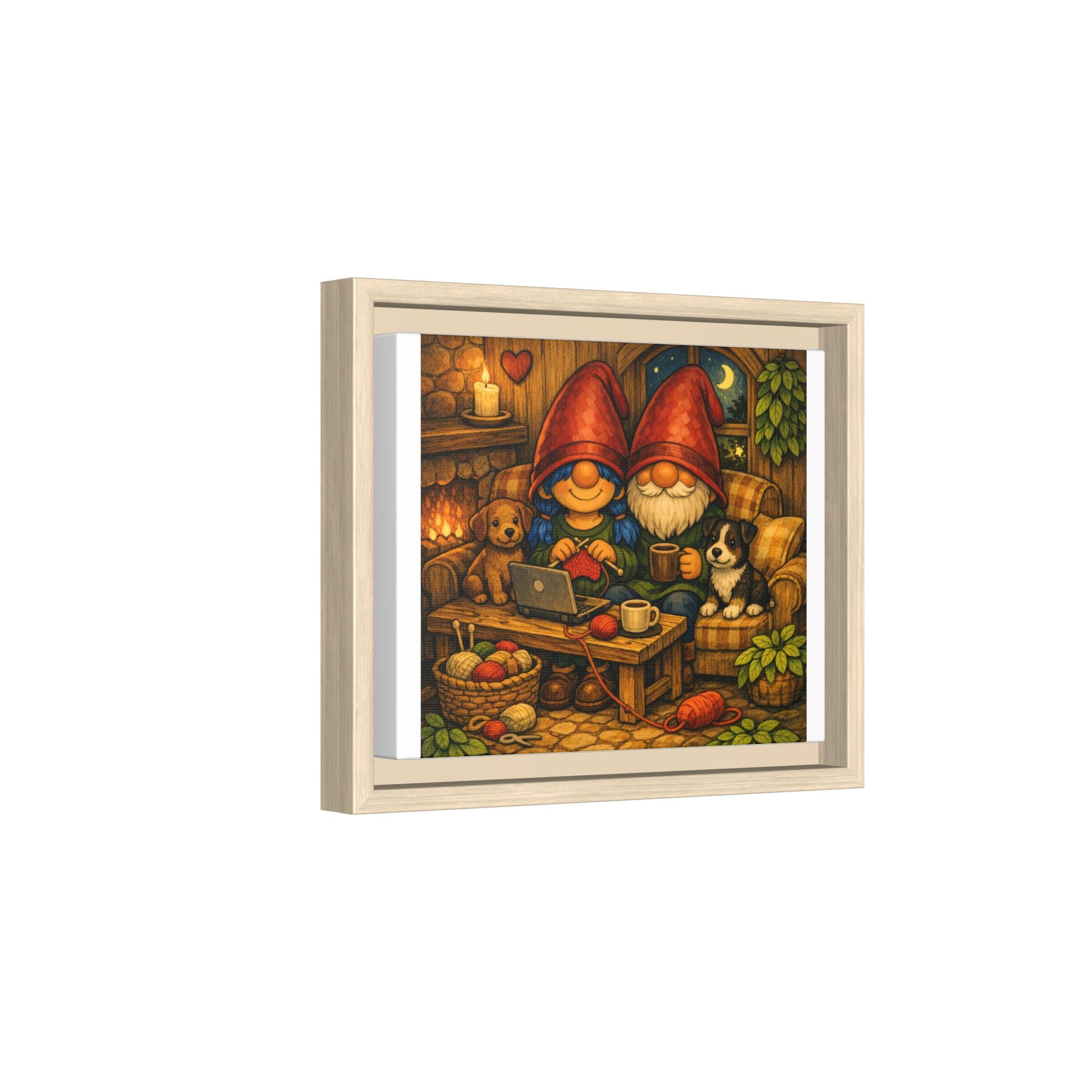 Cozy Gnome Couple Framed with Puppies Canvas Art — Warm Cottage Illustration