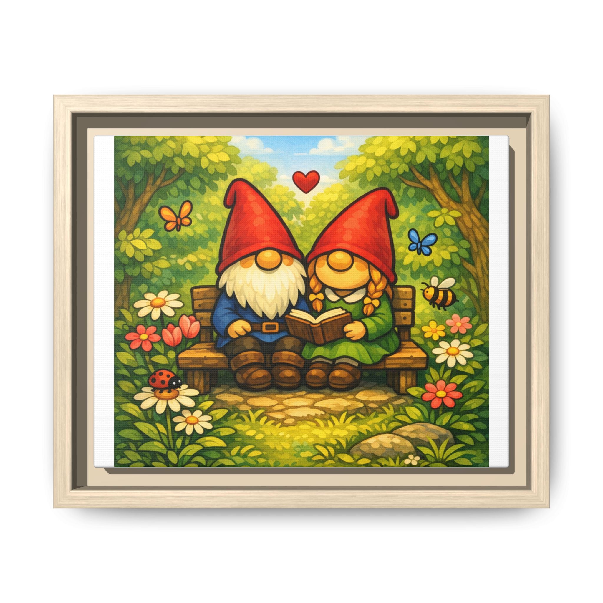 Gnome Couple Love Matte Framed Canvas — Whimsical Garden Wall Art