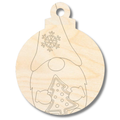 Round unfinished wood ornament etched with a gnome in a snowflake hat holding a Christmas tree.