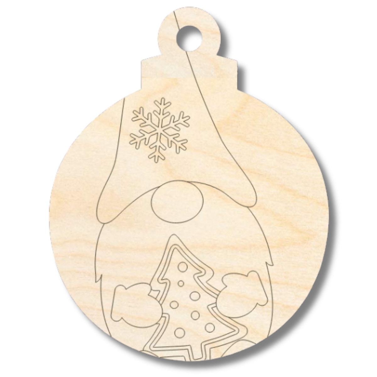 Round unfinished wood ornament etched with a gnome in a snowflake hat holding a Christmas tree.