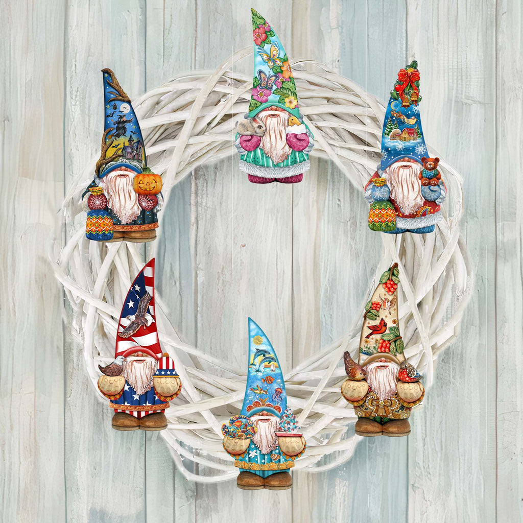 Holiday Gnomes Clip-On Eco Wood Decorative Ornaments Set of 6 by G. Debrekht  - Christmas Decor - 8090138C-S6