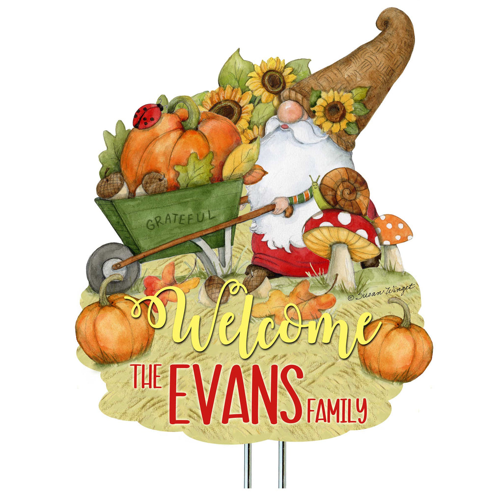 Personalized Outdoor Garden Stakes Fall Decoration - Custom Harvest Gnome Welcome Sign - Wheelbarrow Cornucopia - Handmade Gift - Thanksgiving Decor by Susan Winget