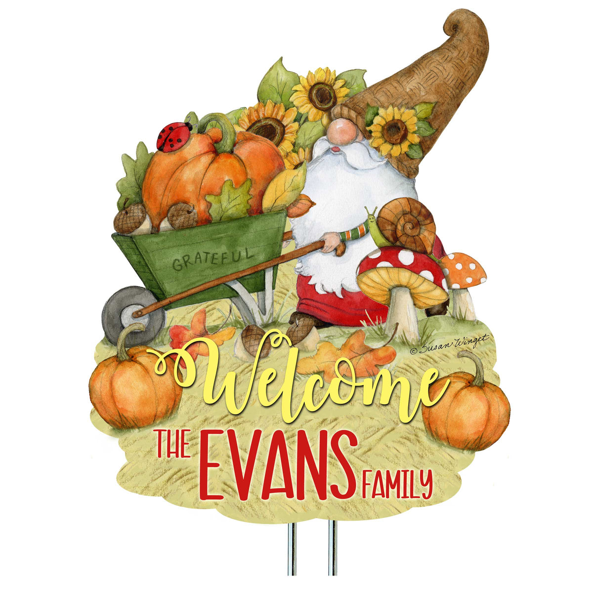 Personalized Outdoor Garden Stakes Fall Decoration - Custom Harvest Gnome Welcome Sign - Wheelbarrow Cornucopia - Handmade Gift - Thanksgiving Decor by Susan Winget