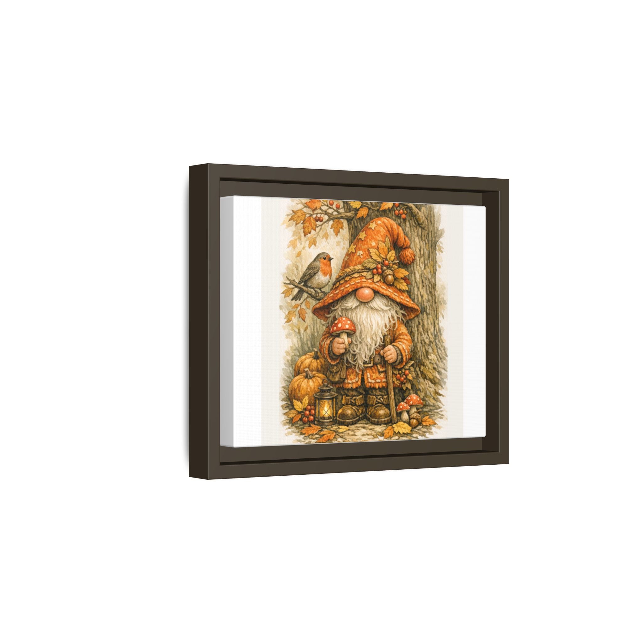 Autumn Gnome Framed Canvas Art – Fall Mushroom & Robin Wall Decor