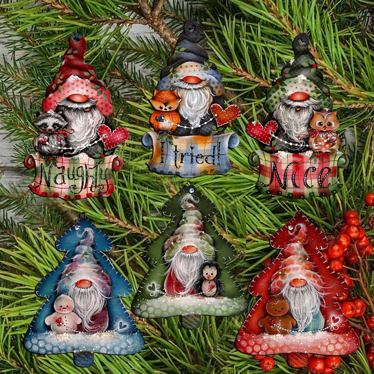 Christmas Gnomes Clip-On Eco Wood Decorative Ornaments Set of 6 by Jamie Mills-Price - Christmas Decor - 8090049C-MP-S6