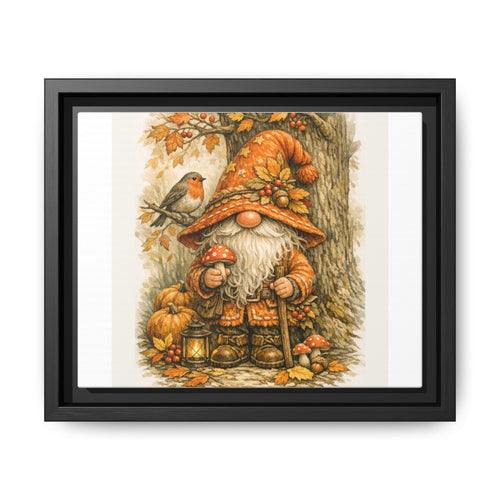 Autumn Gnome Framed Canvas Art – Fall Mushroom & Robin Wall Decor