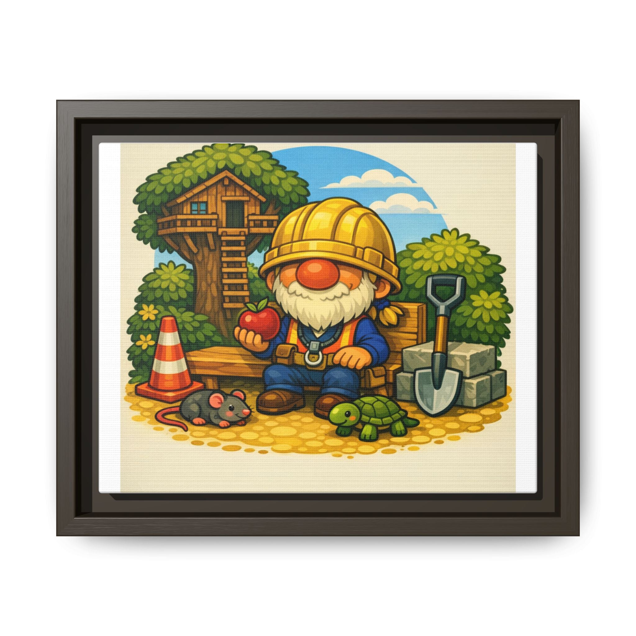 Construction Gnome Boy Matte Framed Canvas Art — Cute Garden Worker Wall Decor