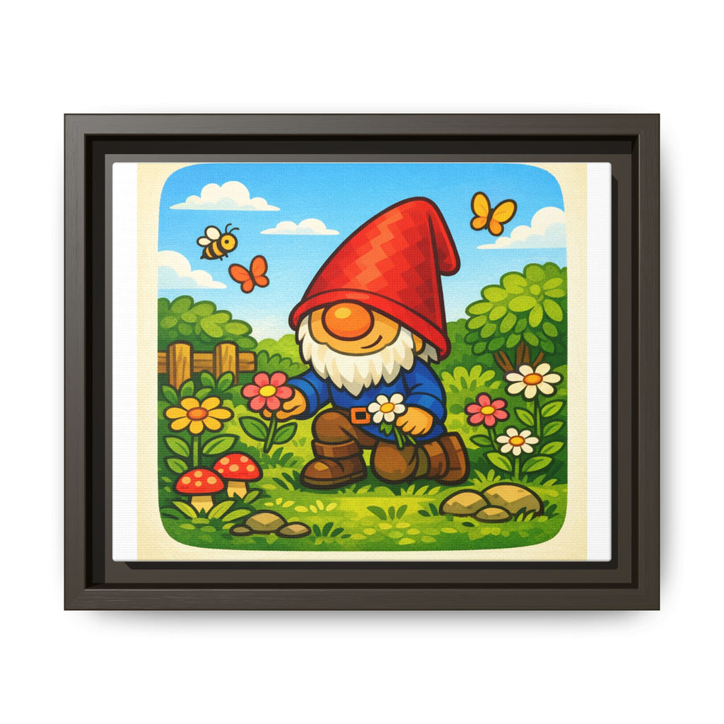 Framed Gnome Boy Garden picking Flowers Matte Canvas Print — Whimsical Woodland Wall Art