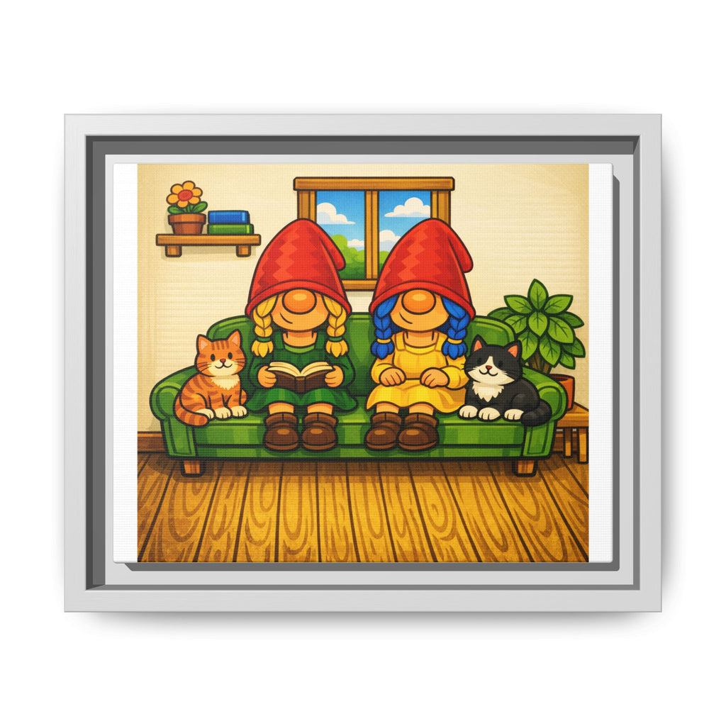 Gnome Girls on Sofa with Cats— Framed Matte Canvas Wall Art