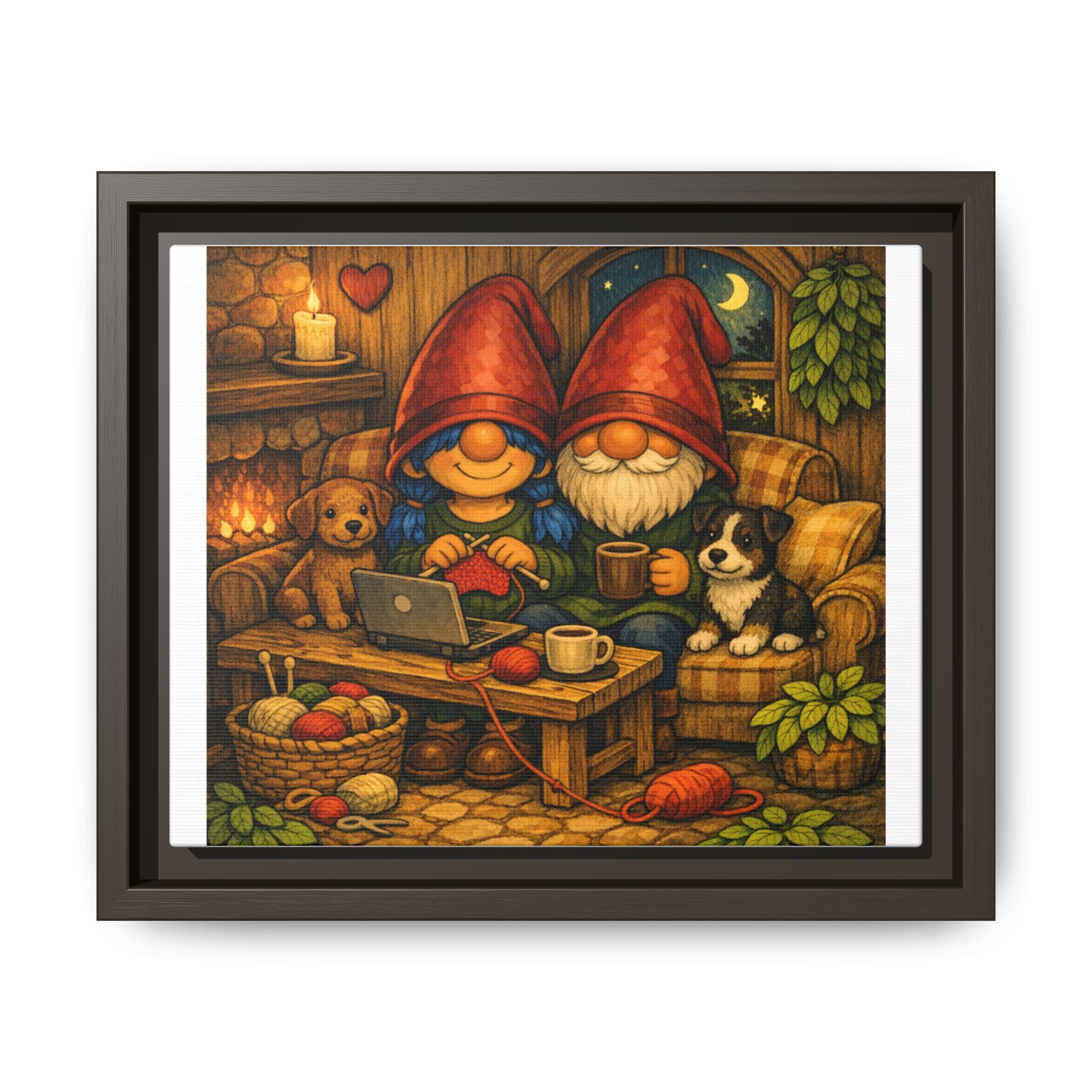 Cozy Gnome Couple Framed with Puppies Canvas Art — Warm Cottage Illustration