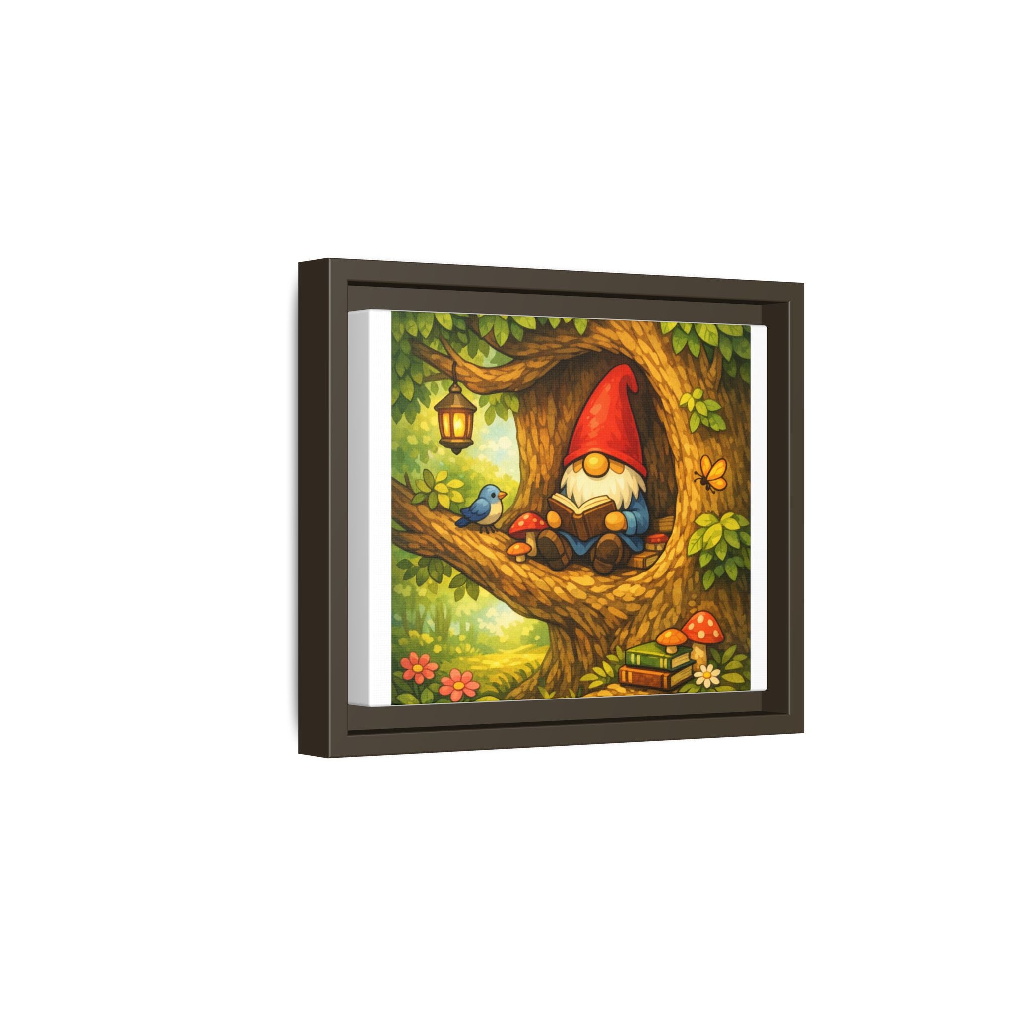 Cute Gnome Boy reading in Tree - Matte Canvas Framed Art — Back to School Teacher Gift