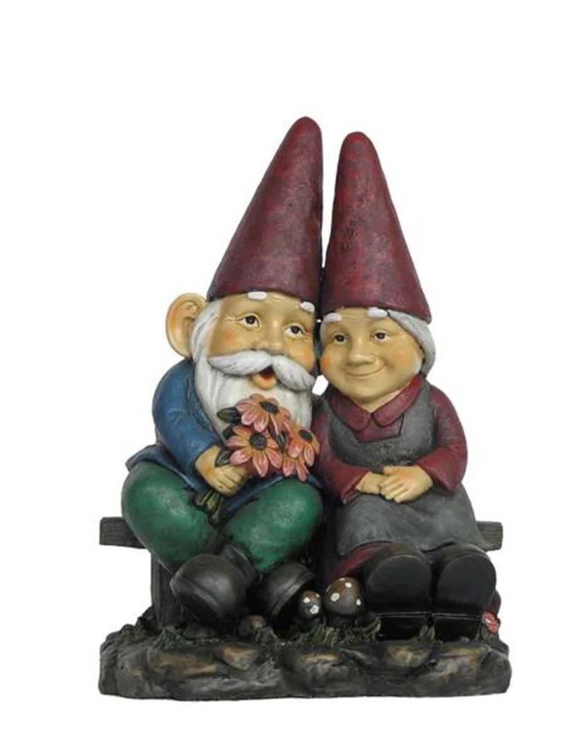Gnome Old Couple on Bench Statue