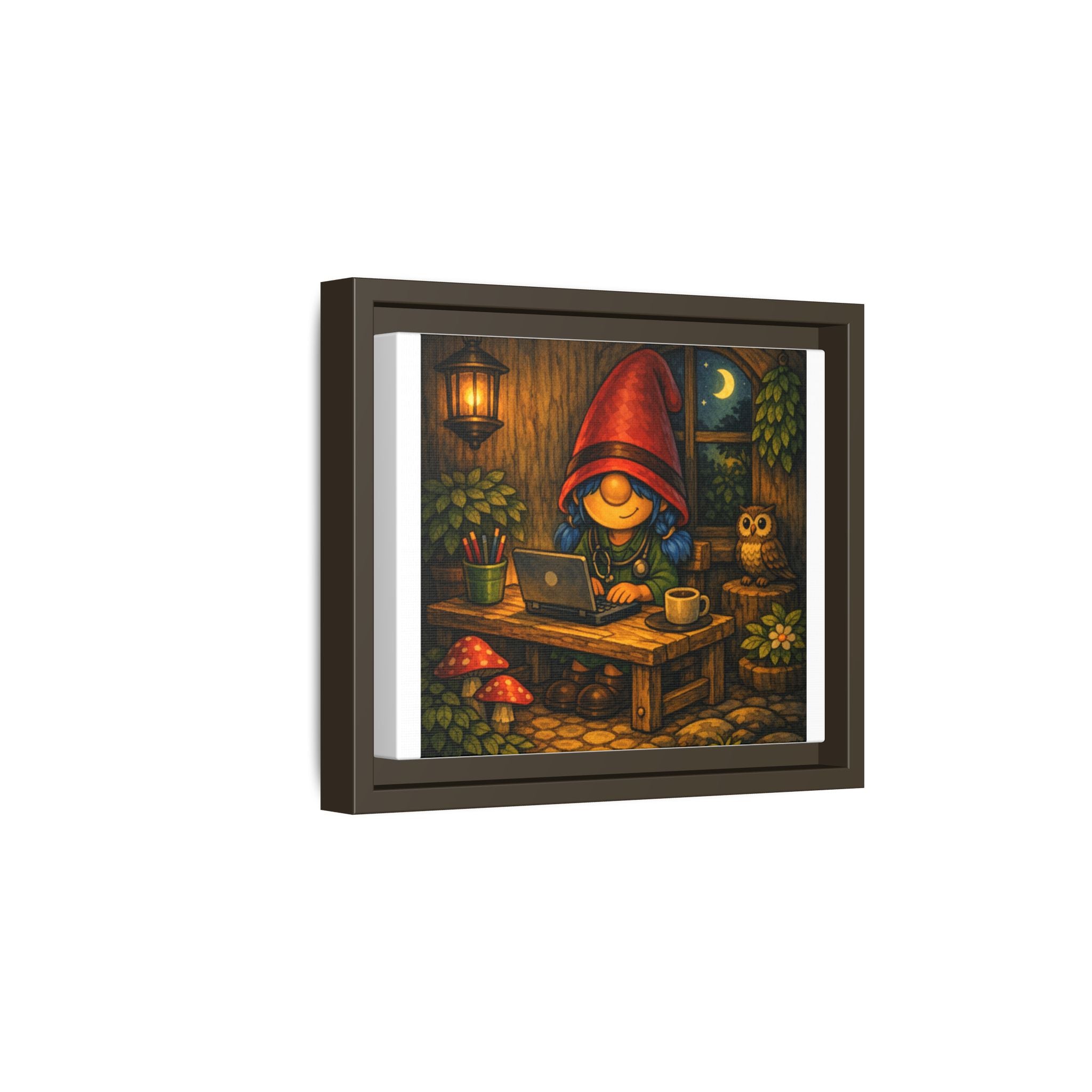 Cozy Gnome Girl with blue Hair Nightscape Framed Canvas Print
