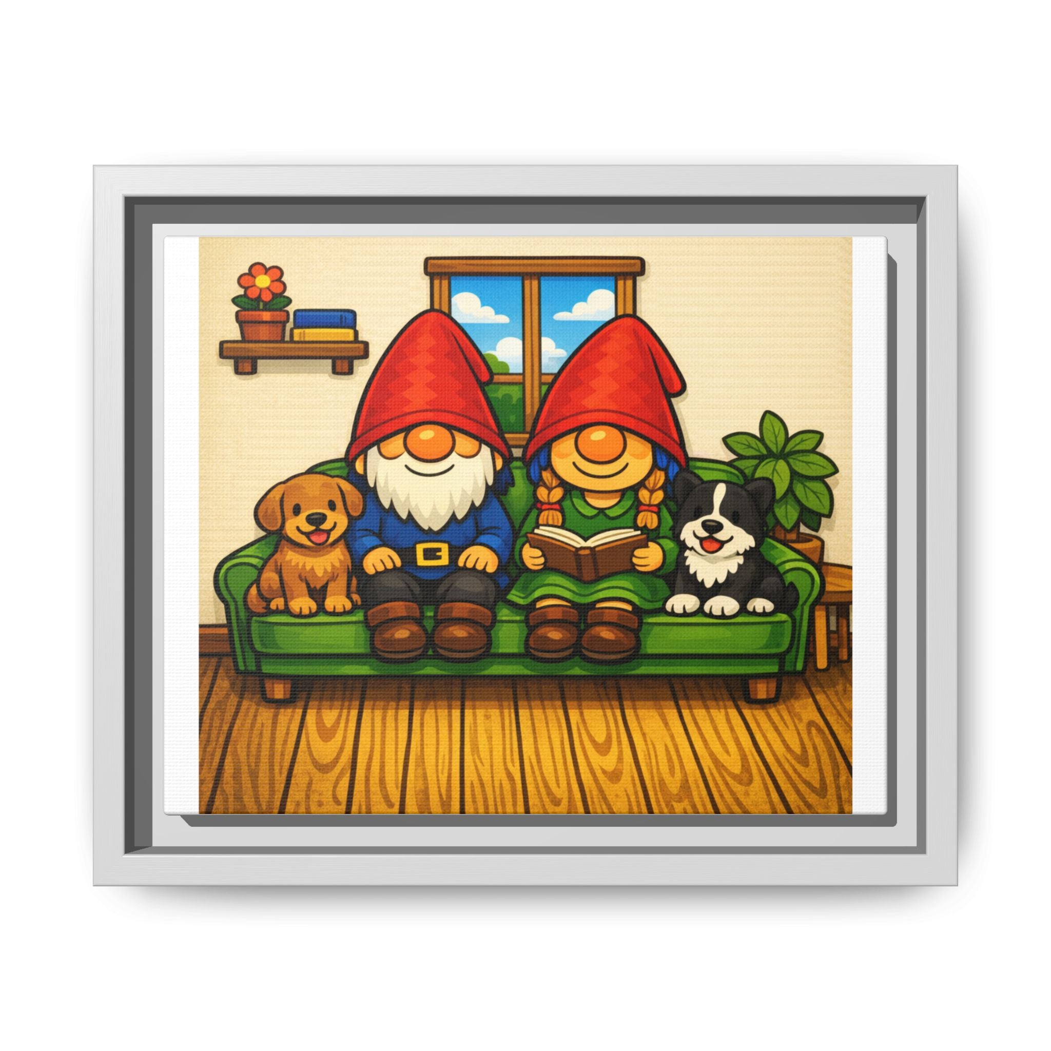 Gnome Family and Puppies Matte Canvas Print — Framed Wall Art with Dogs