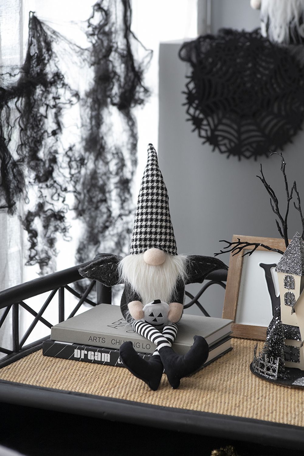 Sitting Gnome with Wings & Plaid Hat – Set of 2, Black, Halloween Decor