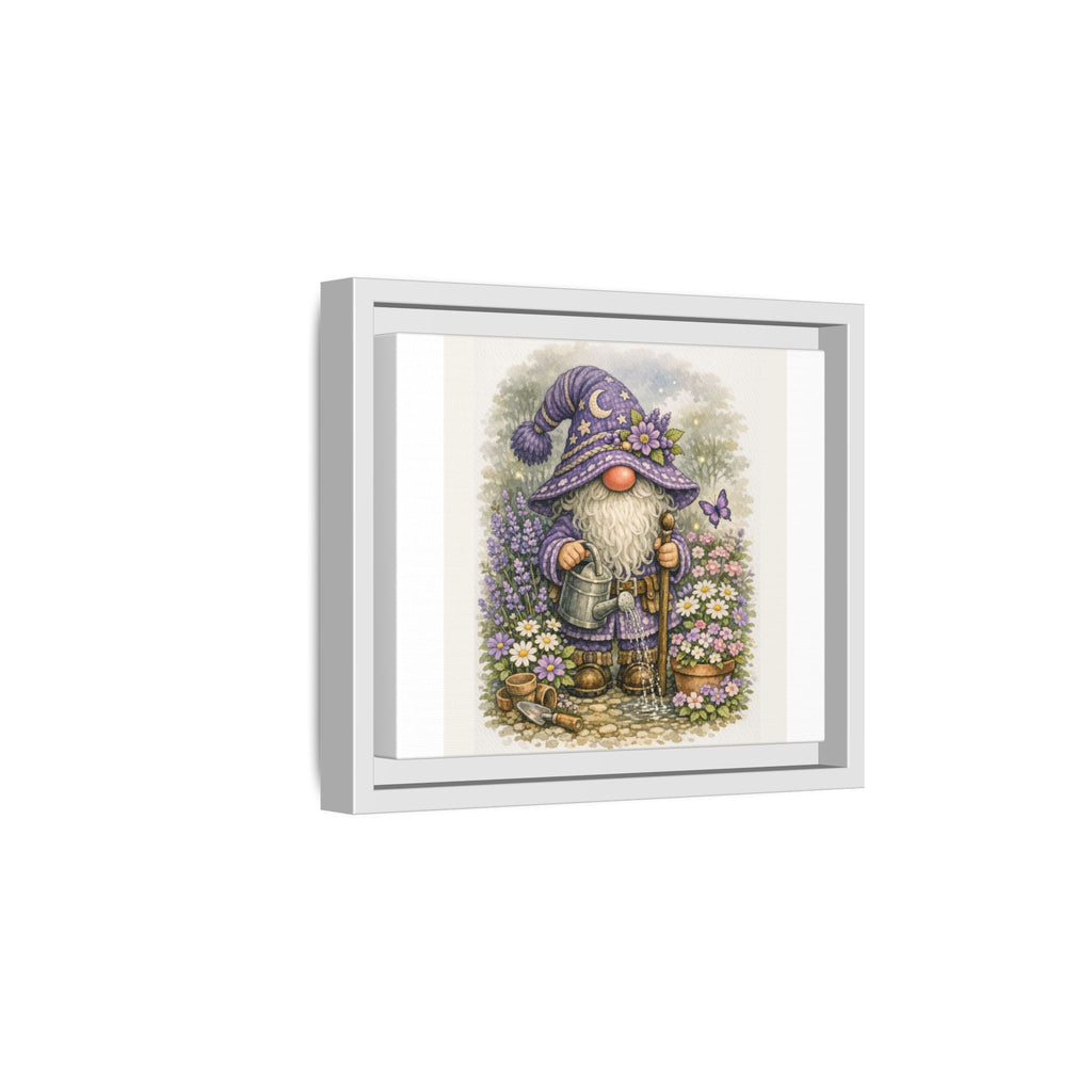 Gnome Garden Framed Canvas Art — High Hat Whimsical Purple Gardener Print