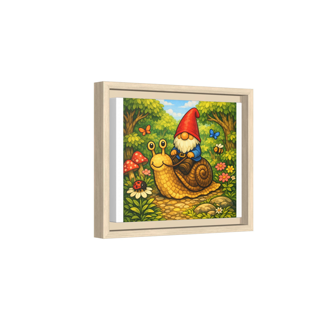 Whimsical Gnome Riding Snail Framed Canvas Print