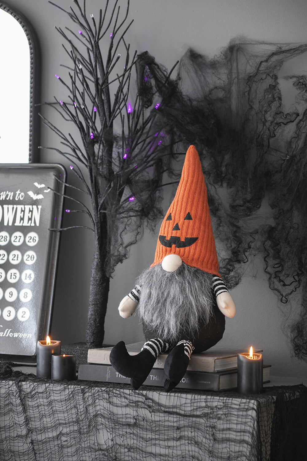 Set of 2 Fabric Sitting Gnomes with Jack-o-Lantern Detail - Orange