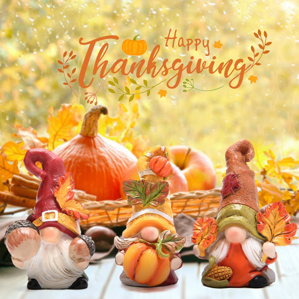 Autumn Harvest Gnome Figurines Fall Thanksgiving Resin Decorations with Pumpkin, Acorns & Leaves – Hand-Painted Tabletop Decor for Home, Kitchen, and Office Set of 3