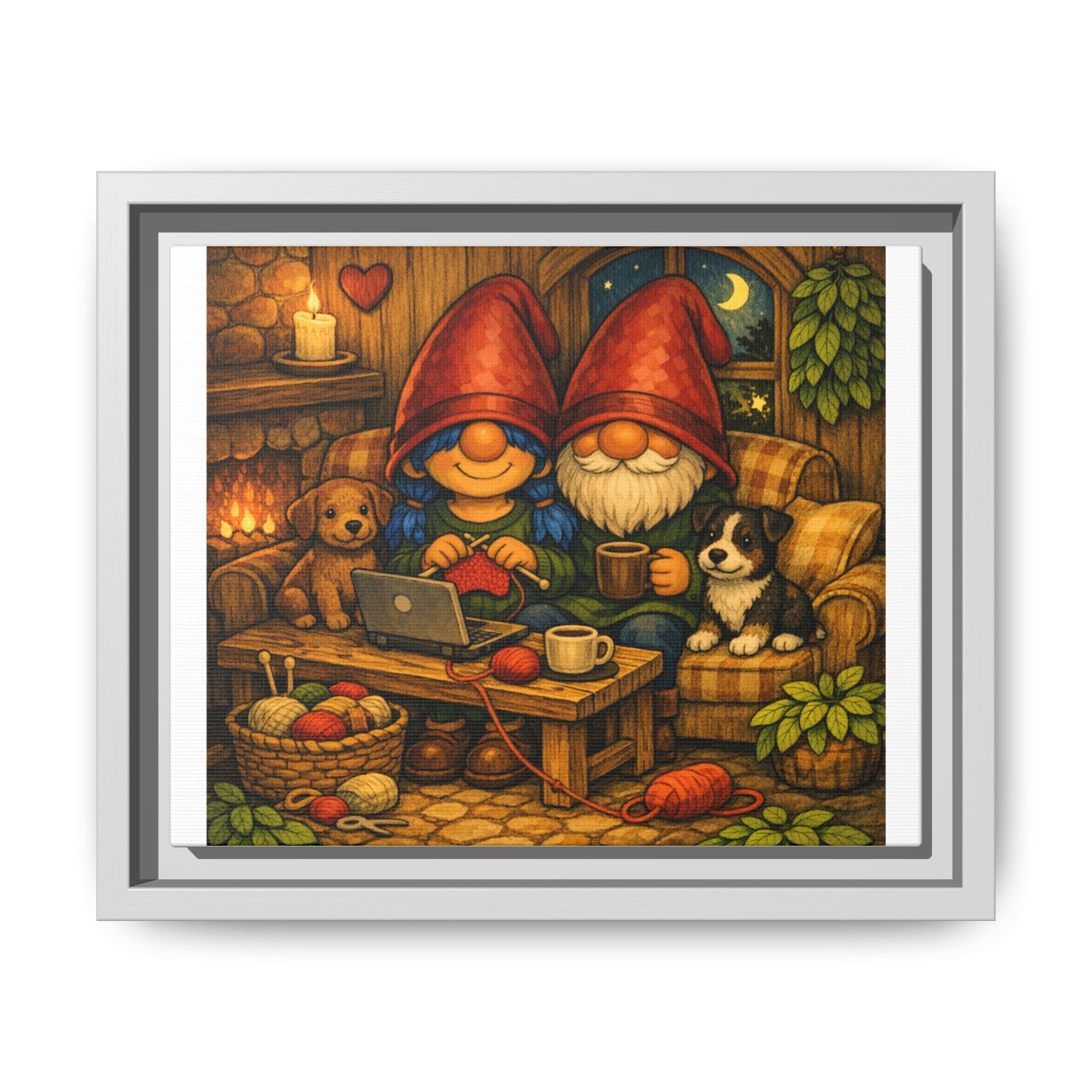 Cozy Gnome Couple Framed with Puppies Canvas Art — Warm Cottage Illustration