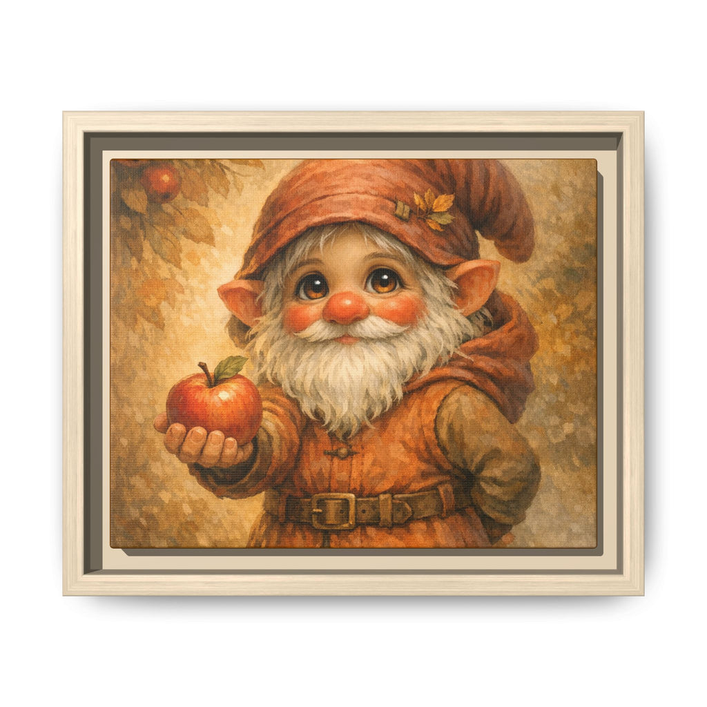 Bright Eyes Framed Gnome Canvas Print — Autumn Elf Holding Apple Wall Art