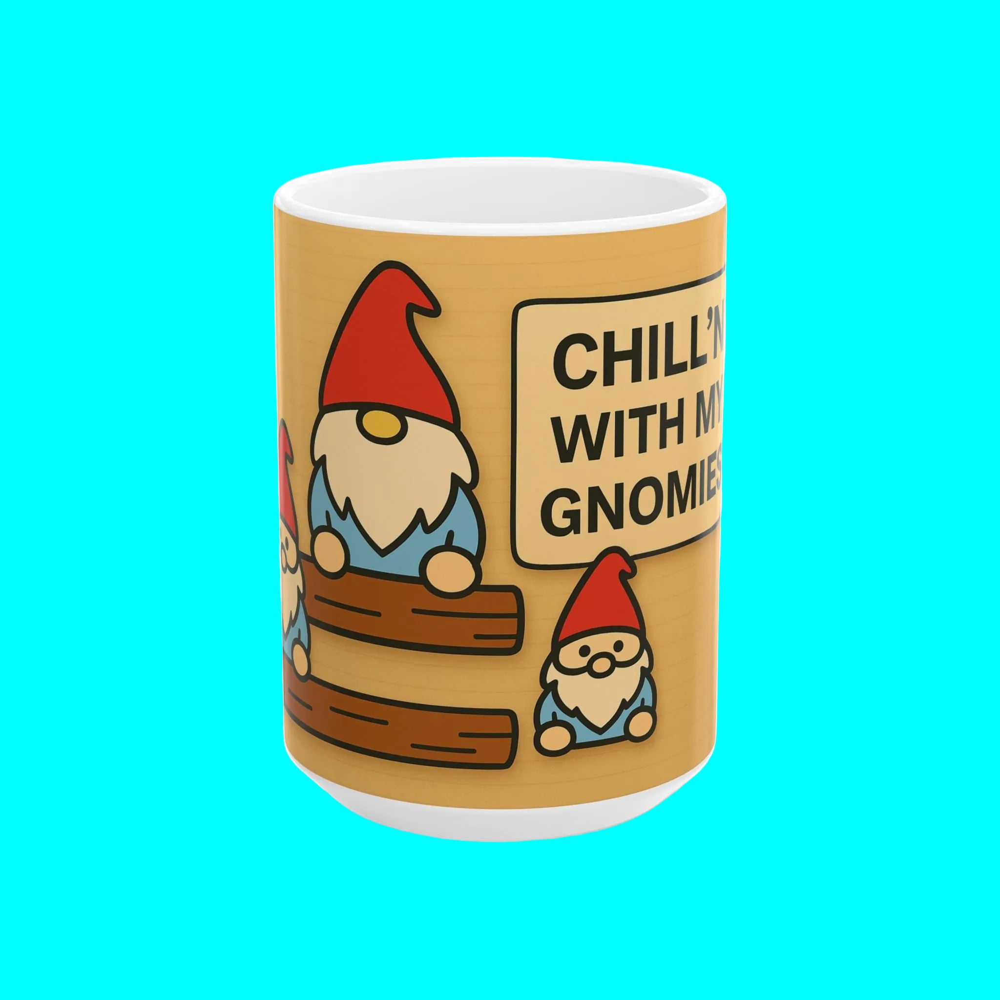 Mug with cartoon gnomes and text 'Chilll'n with my gnomies' on a beige background