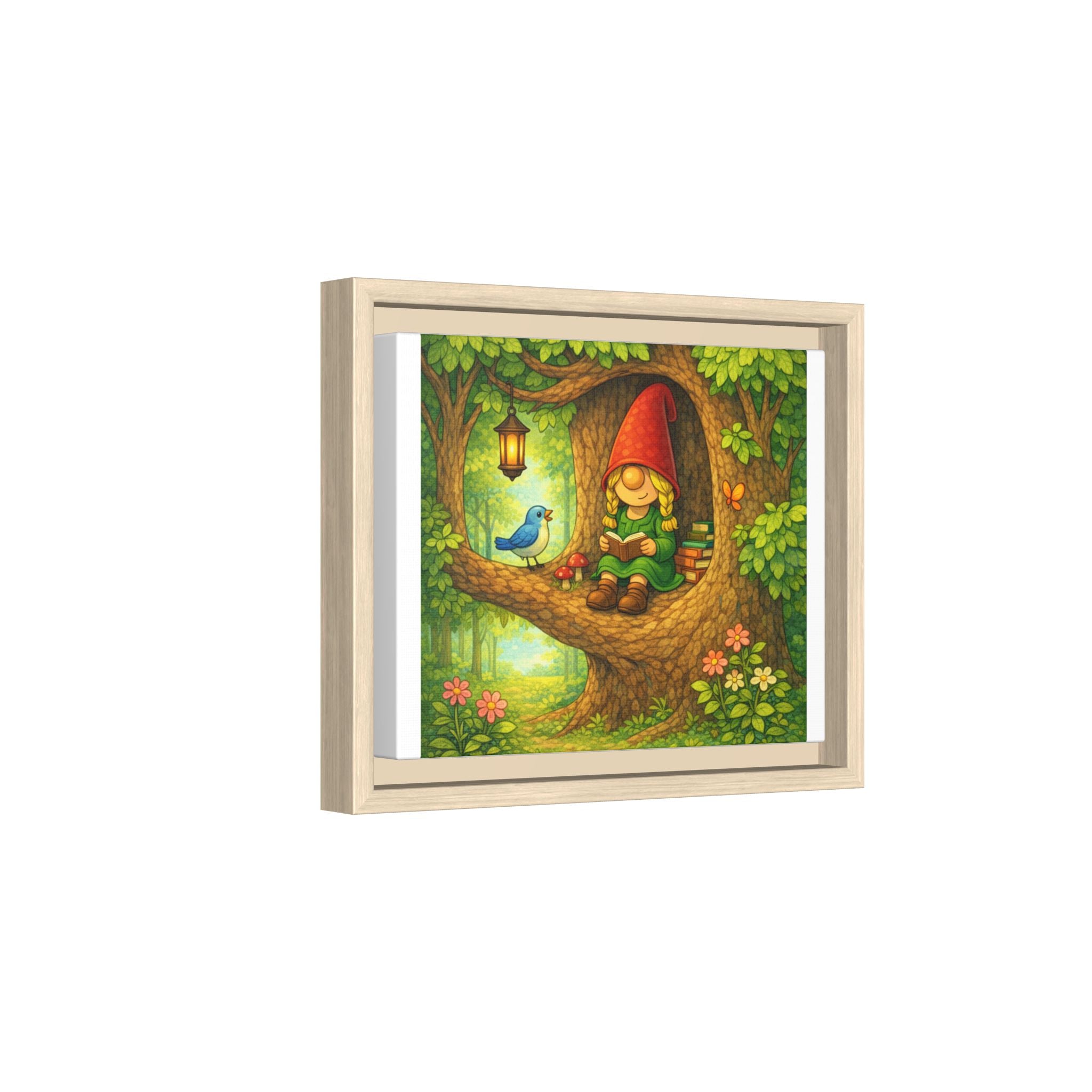 Whimsical Gnome Girl Reading in Tree Matte Canvas Print — Framed Forest Wall Art