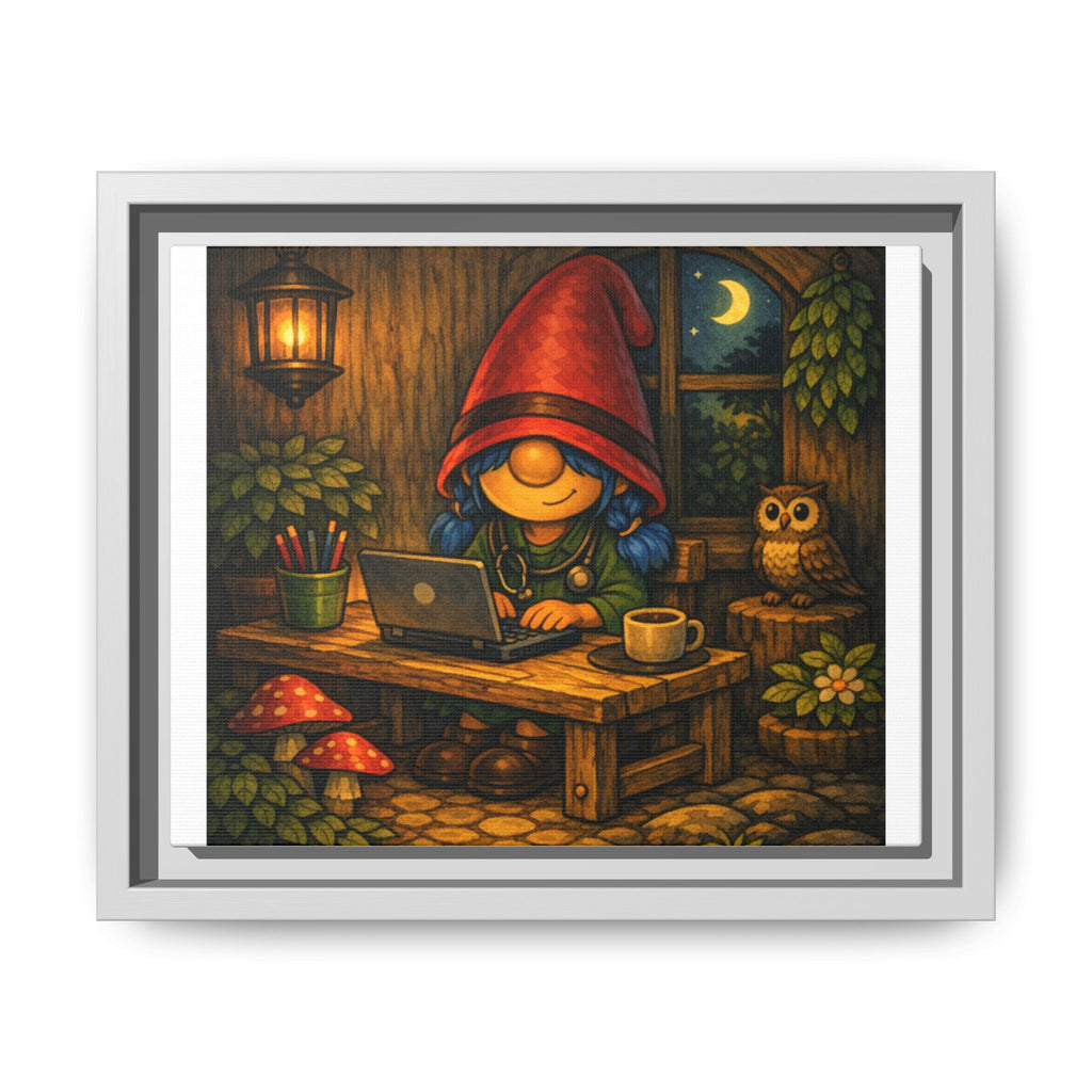 Cozy Gnome Girl with blue Hair Nightscape Framed Canvas Print
