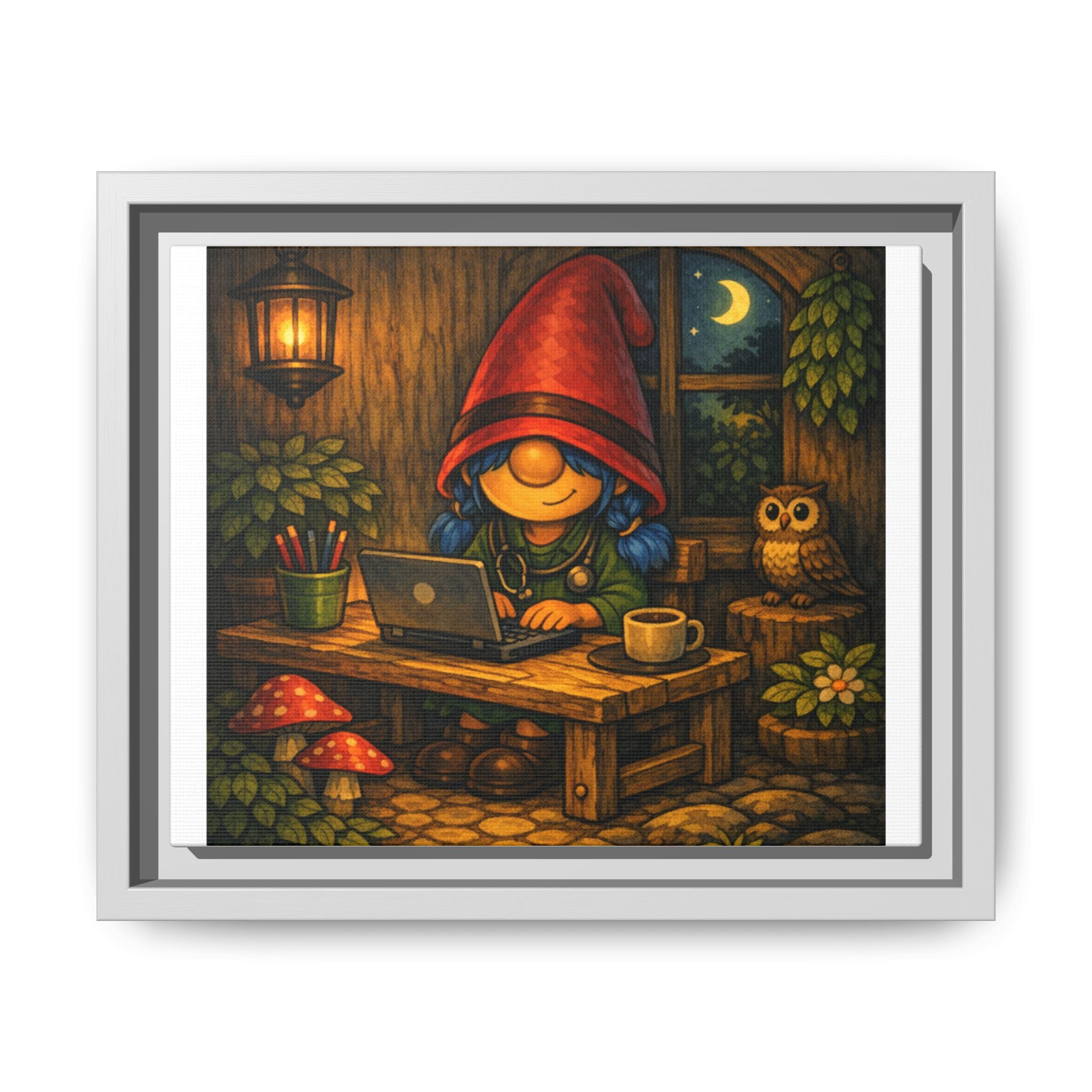 Cozy Gnome Girl with blue Hair Nightscape Framed Canvas Print